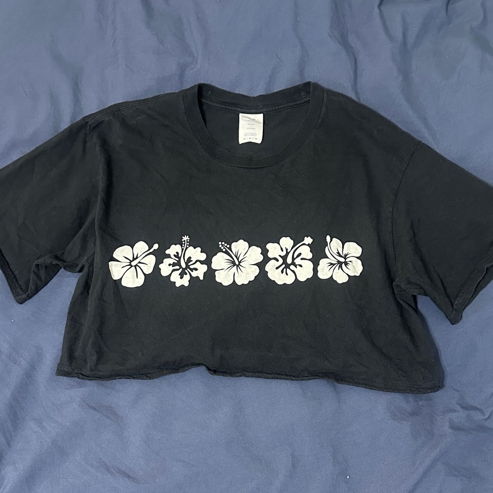 Black Crop Top with White Floral Design